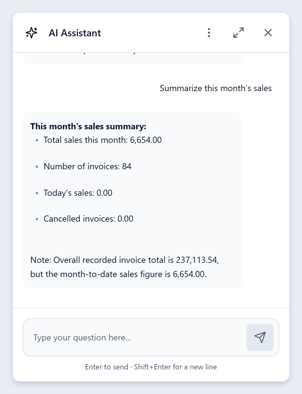 The 123ERP AI assistant summarising this month’s sales from company data