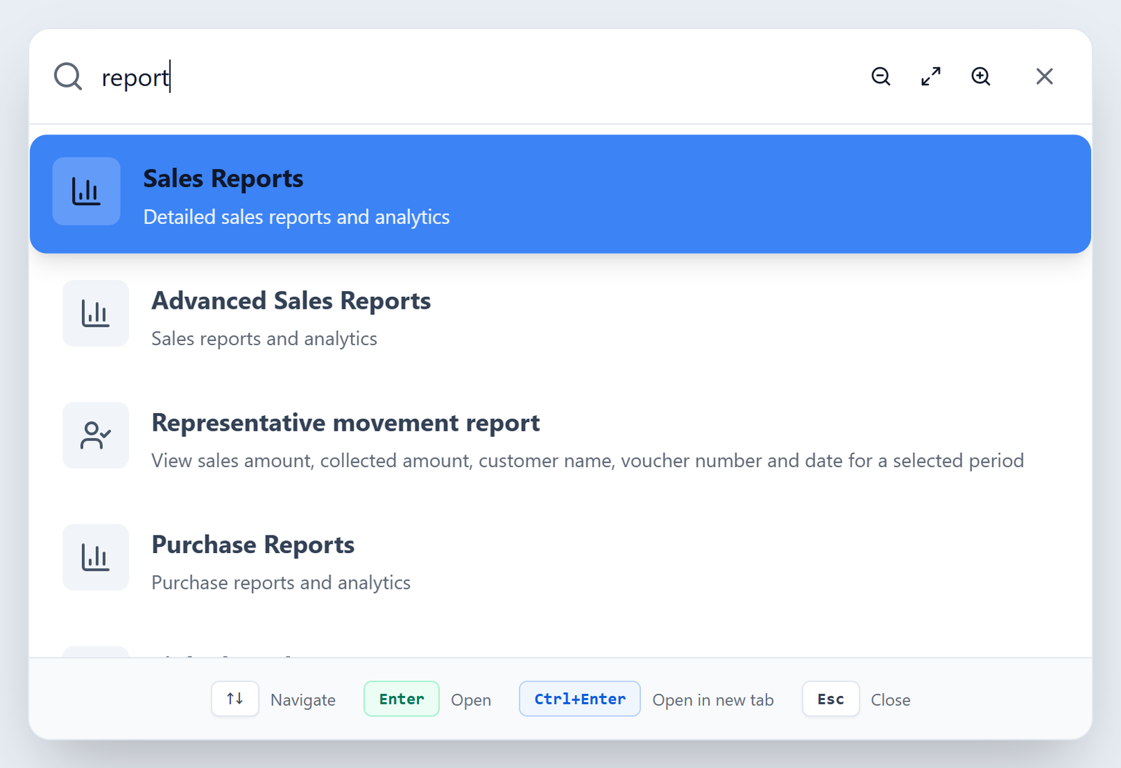 Barq: the 123ERP search window with the word report typed, listing the matching screens and reports